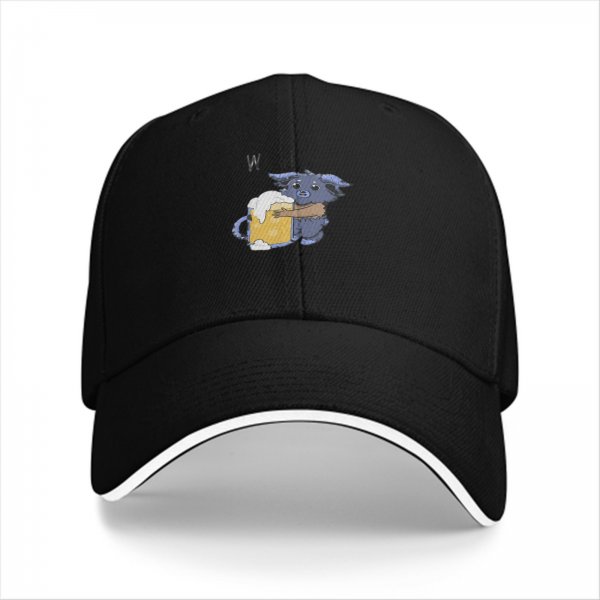 Black baseball cap with cute blue monster holding a foamy beer mug