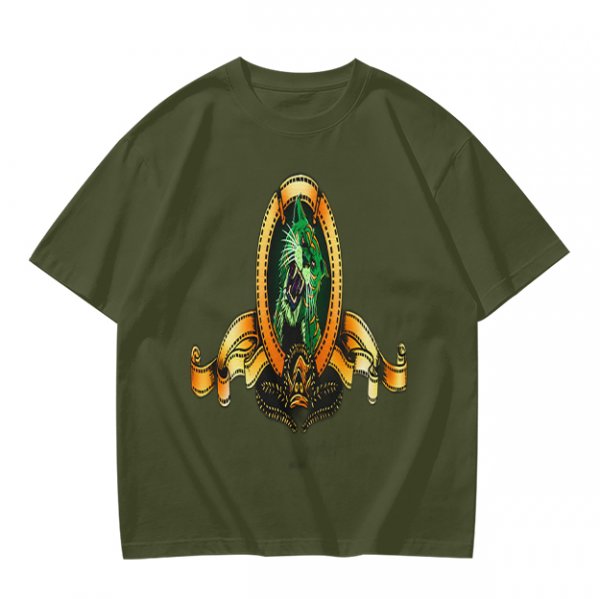 Olive Green T-Shirt With Ornate Golden Frame And Green Wolf Head Print