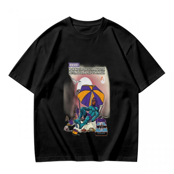 Olive T-shirt with Superhero Lounging Under Beach Umbrella Print