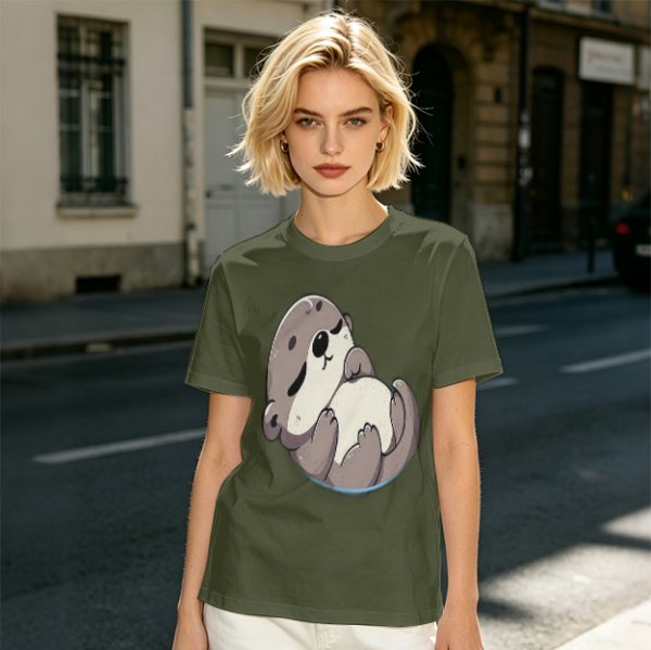 Olive Green T-Shirt with Cute Sleeping Otter Graphic