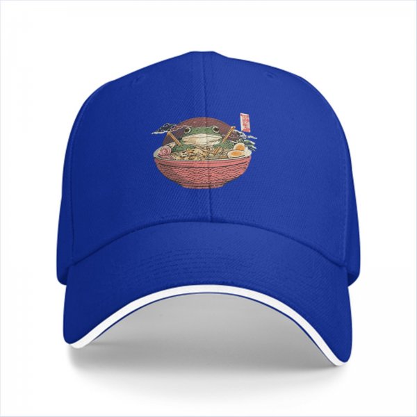 Black baseball cap with frog in ramen bowl graphic
