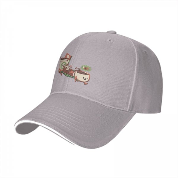 Black baseball cap with playful anthropomorphic coffee cups graphic