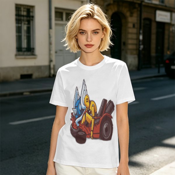 Olive T-Shirt With Cartoon Robot And Winged Vehicle Graphic