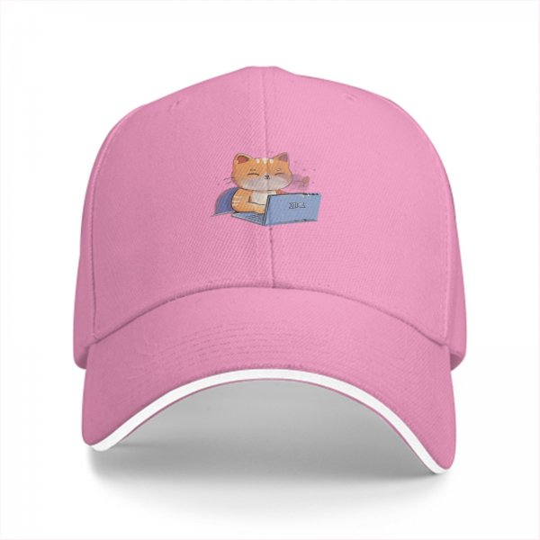 Black baseball cap with a cartoon cat working on a laptop print