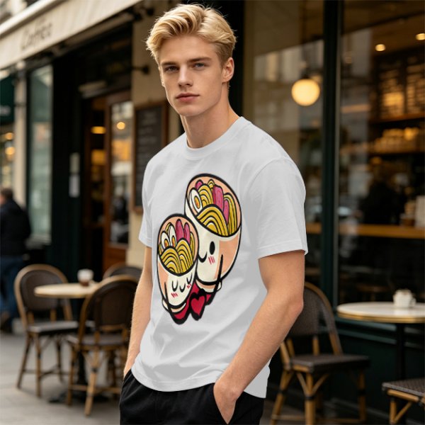 Olive T-Shirt With Cute Hugging Ramen Bowl Couple Print