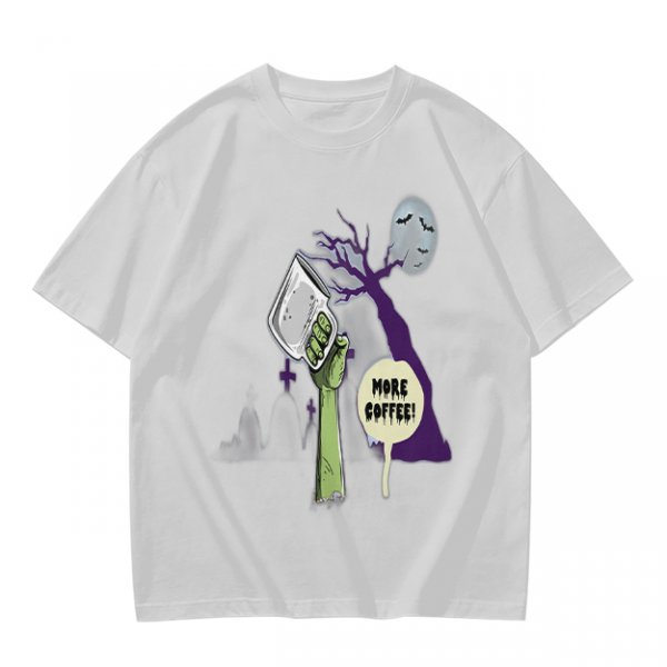 Olive Zombie Hand Holding Coffee Mug 'More Coffee!' Graphic T-Shirt