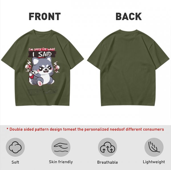 Olive t-shirt with angry gaming wolf graphic and funny apology text
