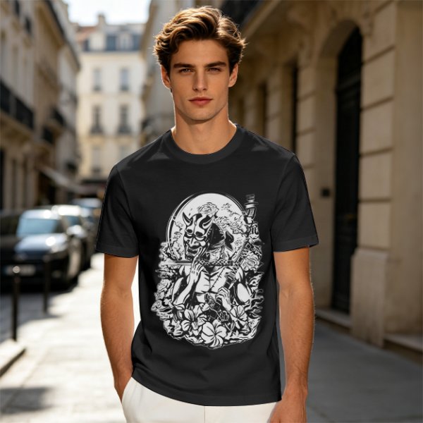 Oni Mask Samurai Floral Graphic Olive T-Shirt
