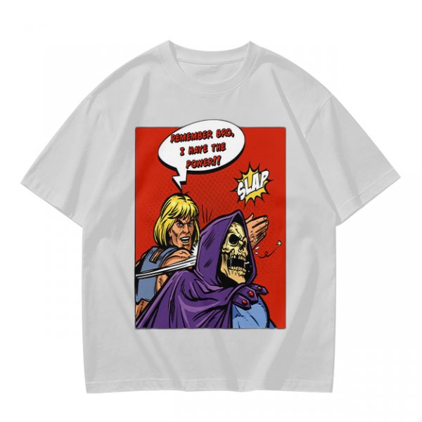 Olive T-shirt with He-Man slapping Skeletor comic print