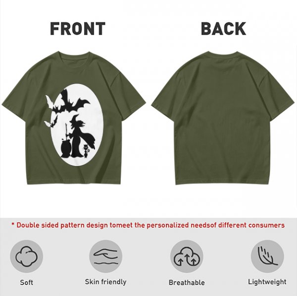 Olive Halloween Witch Silhouette Graphic Short Sleeve T-Shirt