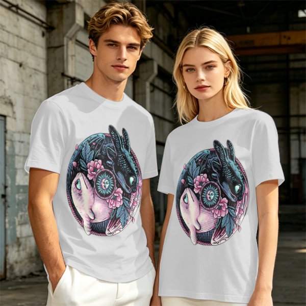Olive T-Shirt with Yin Yang Dragon Floral Sun Moon Art