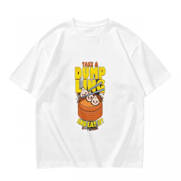 Olive green graphic t-shirt with dumpling pun and steamer illustration
