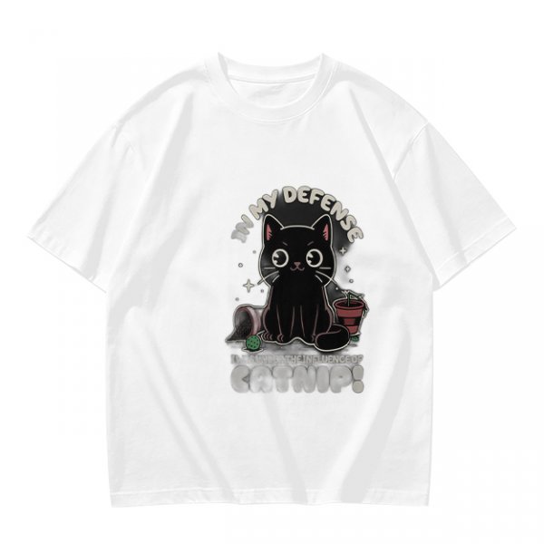 Olive t-shirt with black cat 'In My Defense I Was Under Catnip' print
