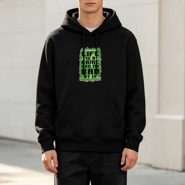 Black hoodie with 'Life is a game and I'm bad at it' pixel art print