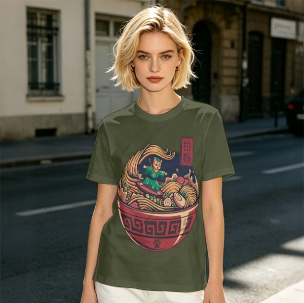 Olive T-shirt with Samurai Cat Surfing Ramen Bowl Art