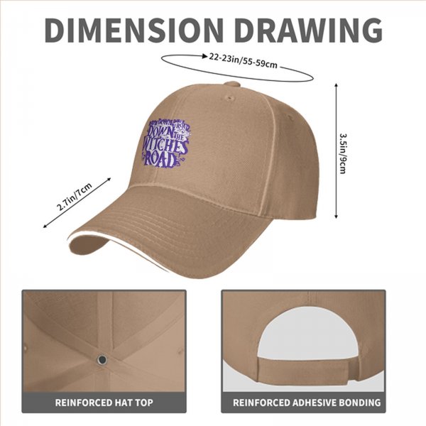 Black baseball cap with 'Down the Witches Road' Halloween themed print
