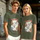 Olive green graphic t-shirt with slow foods animal fast food mashup print