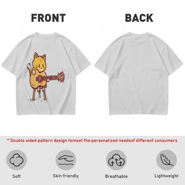 Olive T-shirt with Cute Orange Cat Playing Guitar Graphic
