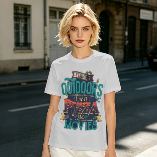 Olive Graphic T-Shirt With 'You Go Outdoors I Have Pizza And Movies' Print