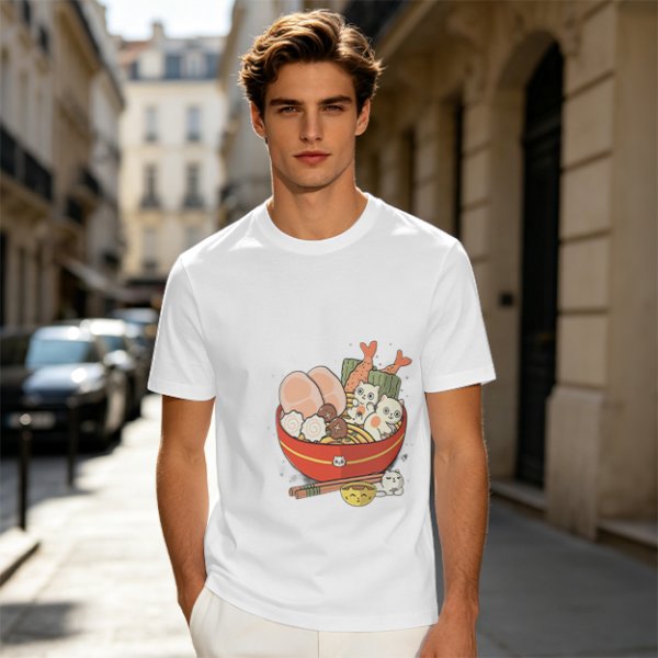Olive T-Shirt With Cute Cat Ramen Bowl Graphic Print