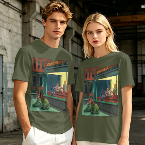 Olive T-Shirt With Surreal Bar Scene Graphic Print