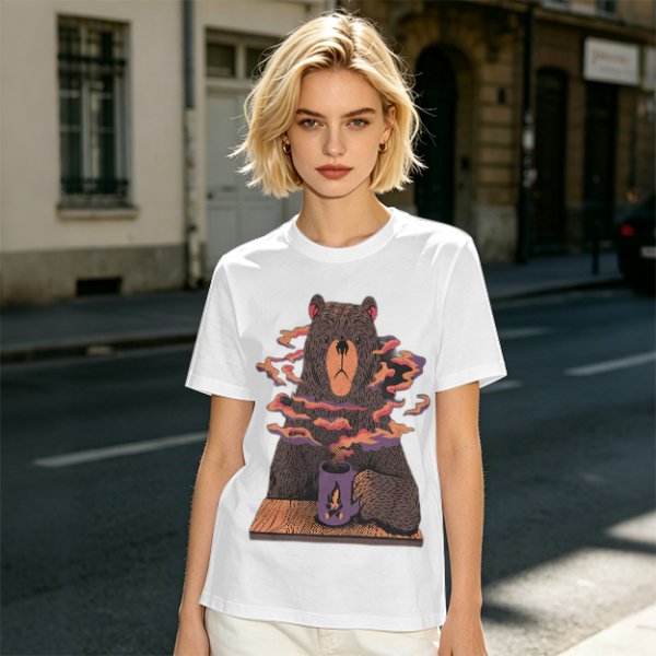 Olive T-Shirt With A Bear Holding A Campfire Mug Design