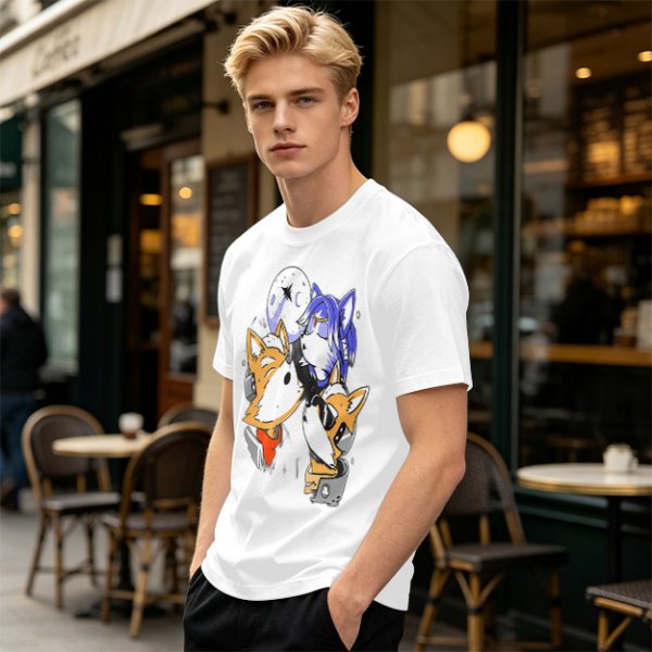 Olive T-shirt with Space Fox Crew Graphic Design