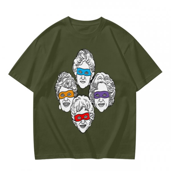 Olive T-Shirt With Golden Girls Ninja Turtle Masks Graphic