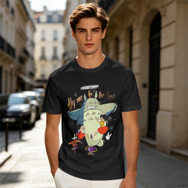 Totoro and Girls Fly Me To The Moon Graphic T-Shirt Design