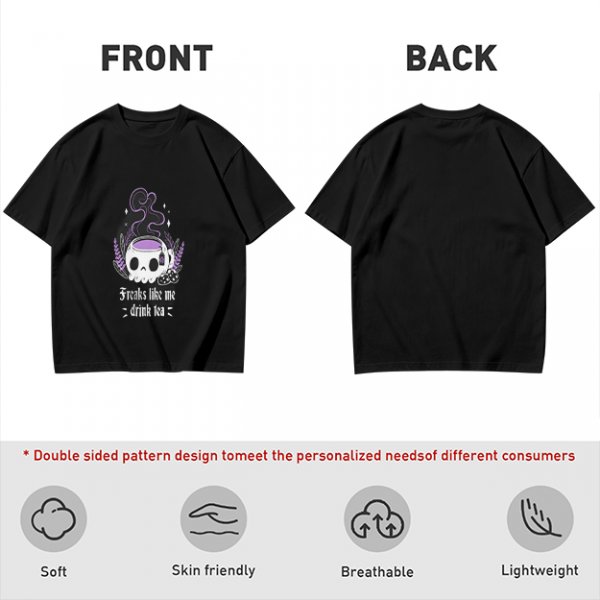Olive graphic t-shirt with skull tea cup and 'Freaks like me drink tea' text
