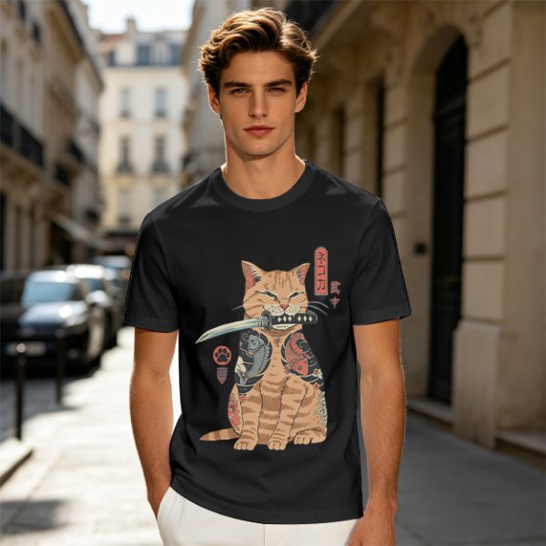 Olive T-Shirt With Samurai Cat Holding Katana And Koi Tattoos