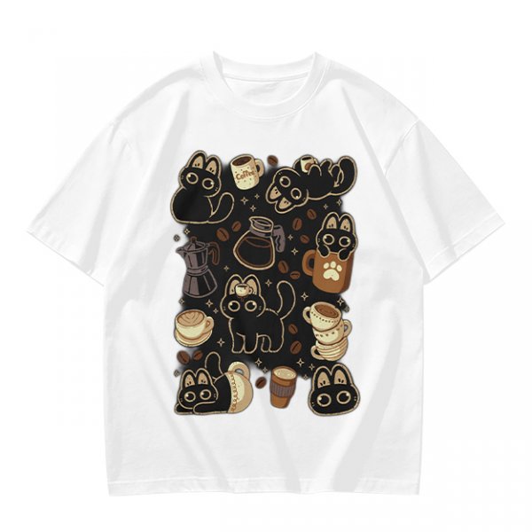 Olive T-Shirt With Cute Black Cats And Coffee Themed Print