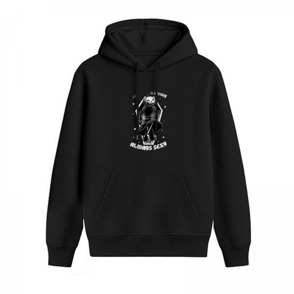 Black Hoodie with Pumpkin Skeleton Graphic and 'Always Sexy' Text
