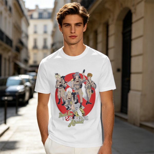 Olive T-shirt with Ghostbusters parody female character graphic print