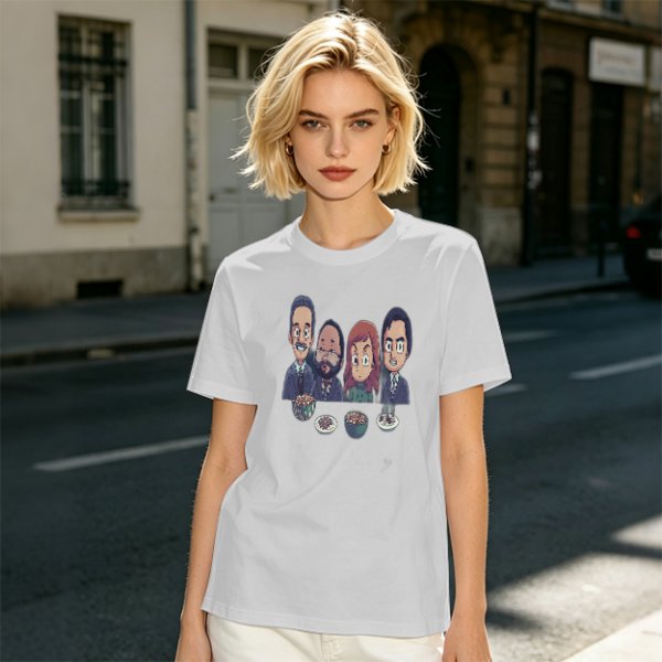 Olive T-shirt with Cartoon Group of Four People and Bowls Print