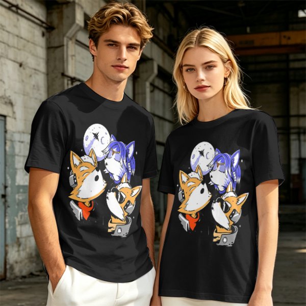 Olive T-shirt with Space Fox Crew Graphic Design