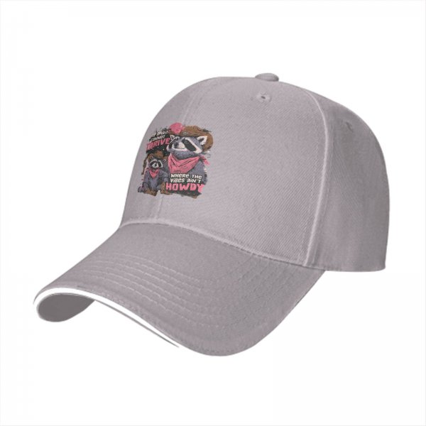 Black baseball cap with cowboy raccoon graphic and 'where the vibes ain't howdy' text
