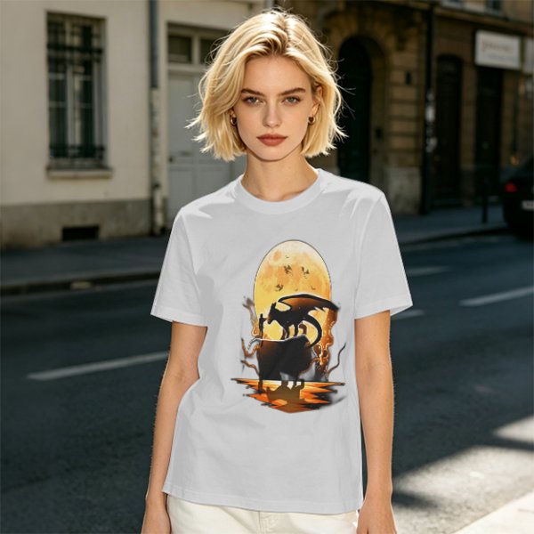 Olive T-Shirt With Dragon Silhouette Full Moon Graphic Print