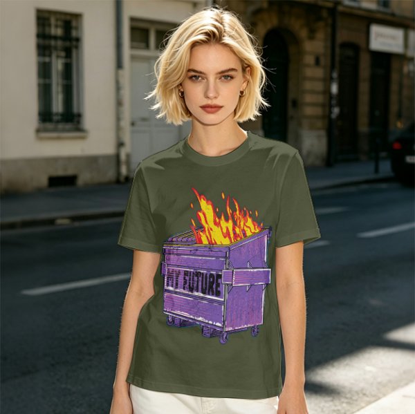 Olive T-Shirt With Burning Dumpster 'My Future' Graphic
