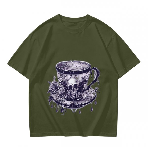 Olive T-shirt with Gothic Skull Teacup and Roses Print
