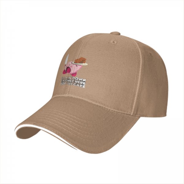 Black baseball cap with Kirby holding cake and knife, text 'Calm Down I'm Only Here For The Cake'