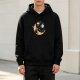 Black Hoodie With Cute Space Cats On Crescent Moon Design