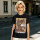 Olive green t-shirt with cubist style cat print and Purrcasso text