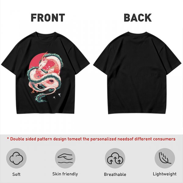 Olive T-shirt with stylized white dragon and red circular graphic print