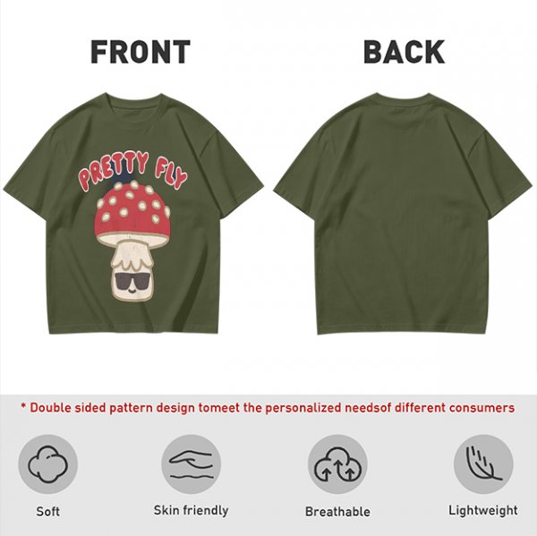 Olive green graphic t-shirt with 'Pretty Fly' and cool mushroom print
