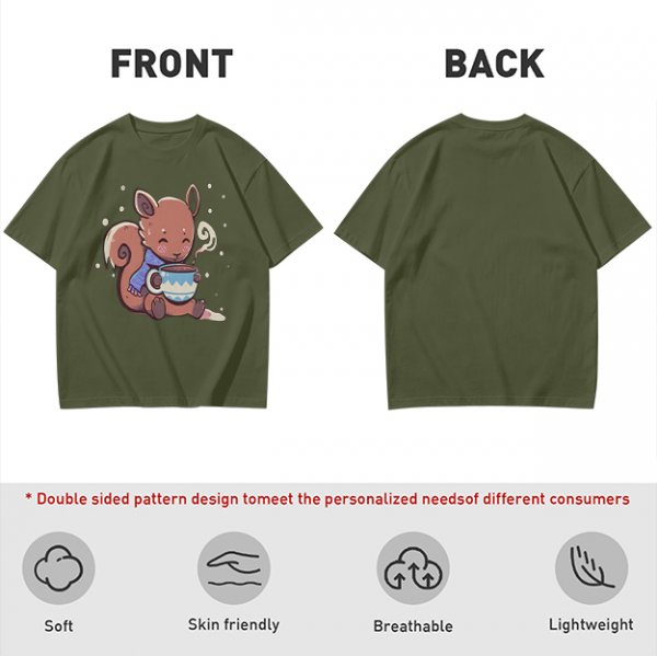 Olive T-Shirt With Cute Squirrel Holding Hot Drink Winter Art