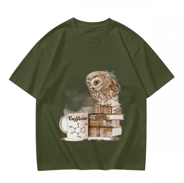 Owl on coffee books and caffeine mug graphic t-shirt