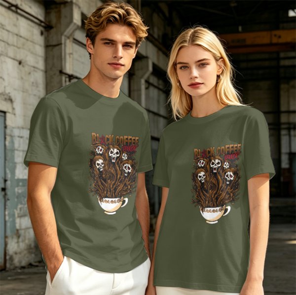 Black Coffee Skull Ghosts Graphic Olive Green T-Shirt