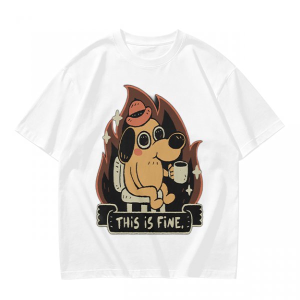 Olive T-Shirt Featuring the 'This Is Fine' Dog in Flames Holding Coffee