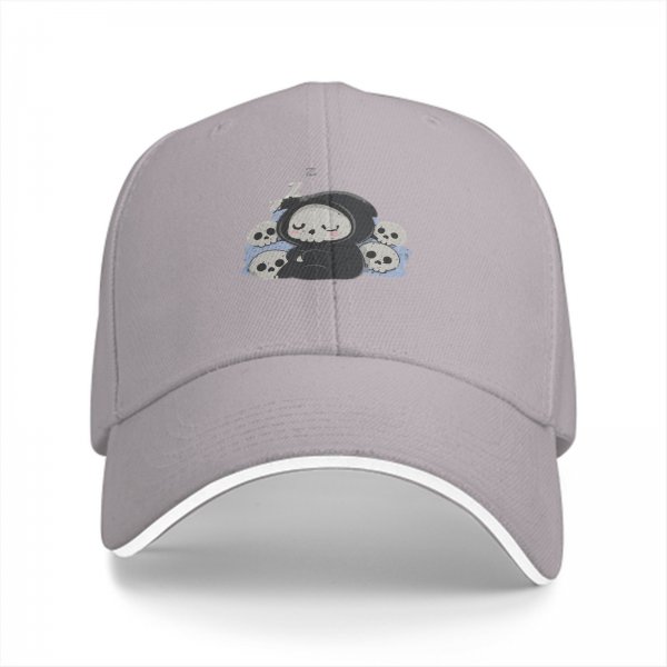 Black baseball cap with cute sleeping grim reaper and skulls graphic